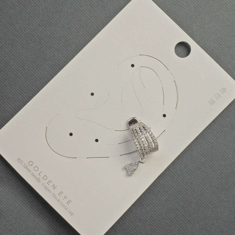 Ear cuff earring in silver-tone metal, 10×14 mm ±, white crystals