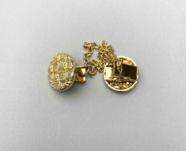 Gold-toned cardigan brooch, 20 mm diameter, chain length about 9 cm