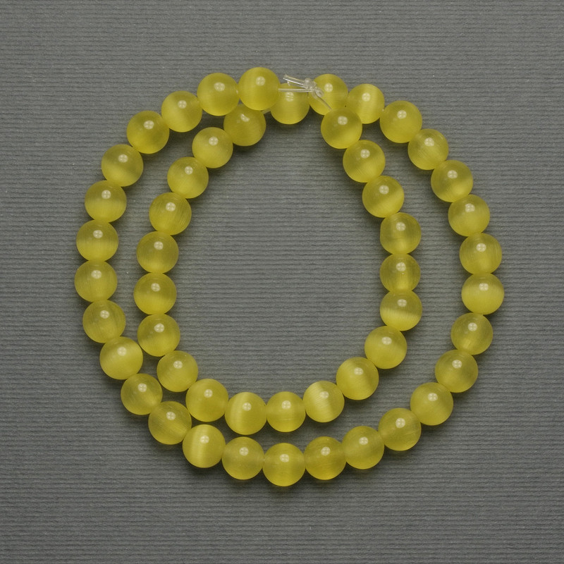 Cat's Eye Beads Yellow Synthetic Smooth Round Beads, 8 mm Diameter, on Beading Thread, Length 37 cm+