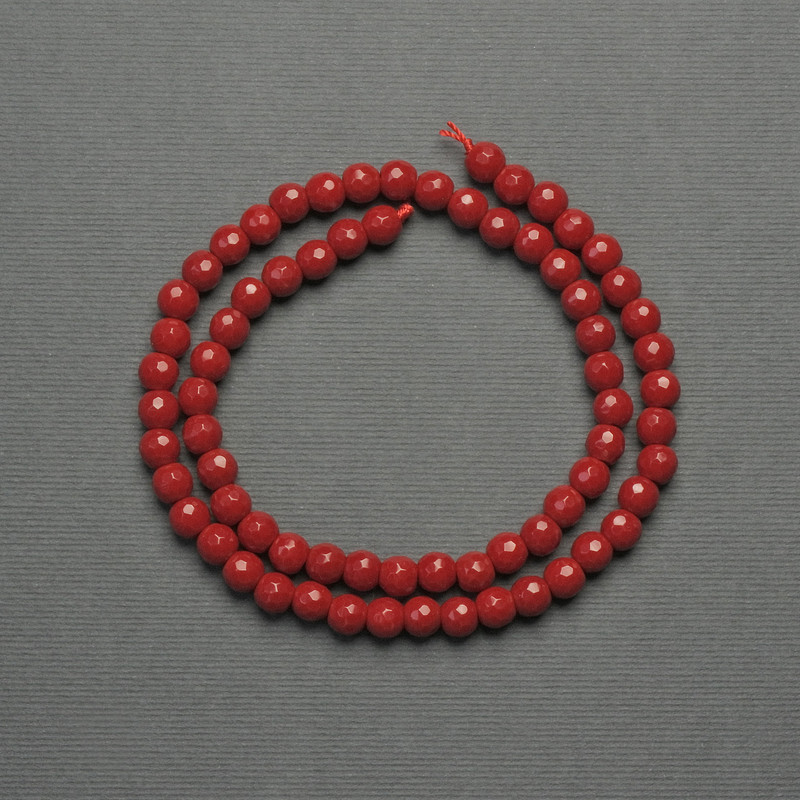 Coral Beads on Thread (Pressed), Faceted Spheres, 6 mm Diameter, 39 cm Length