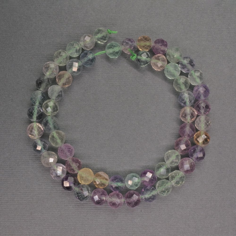 Natural fluorite beads — faceted round beads, 7 mm diameter, 39 cm length ±