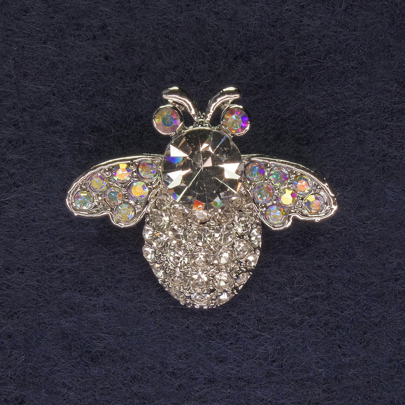 Beetle Brooch with Rainbow and White Rhinestones, Silver Metal, diameter 28x23mm +