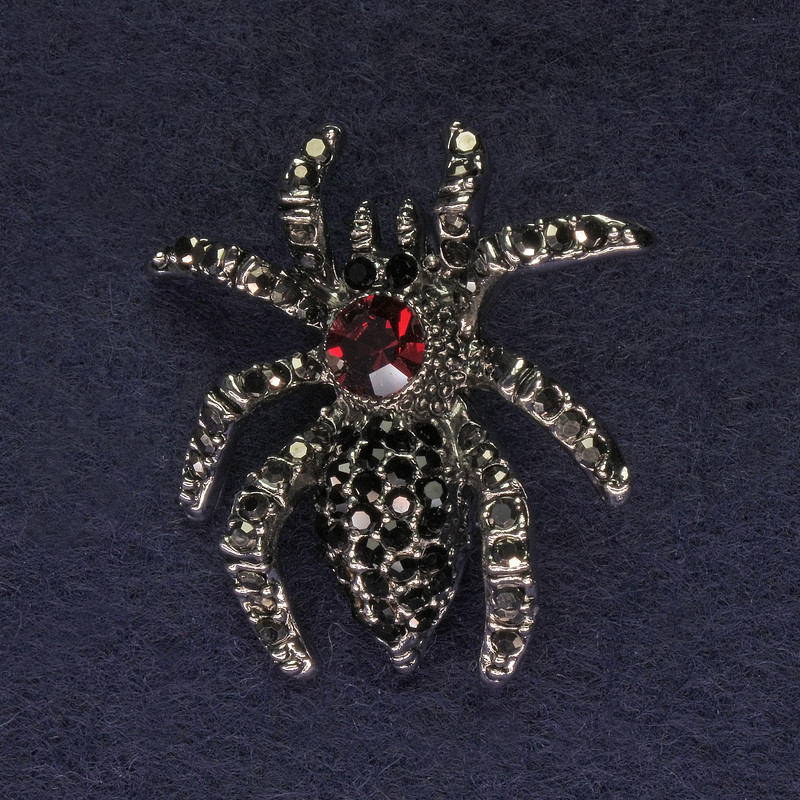 Spider Brooch with Gray and Black Crystals, Dark Silver Color, Silvery Metal 35mm+