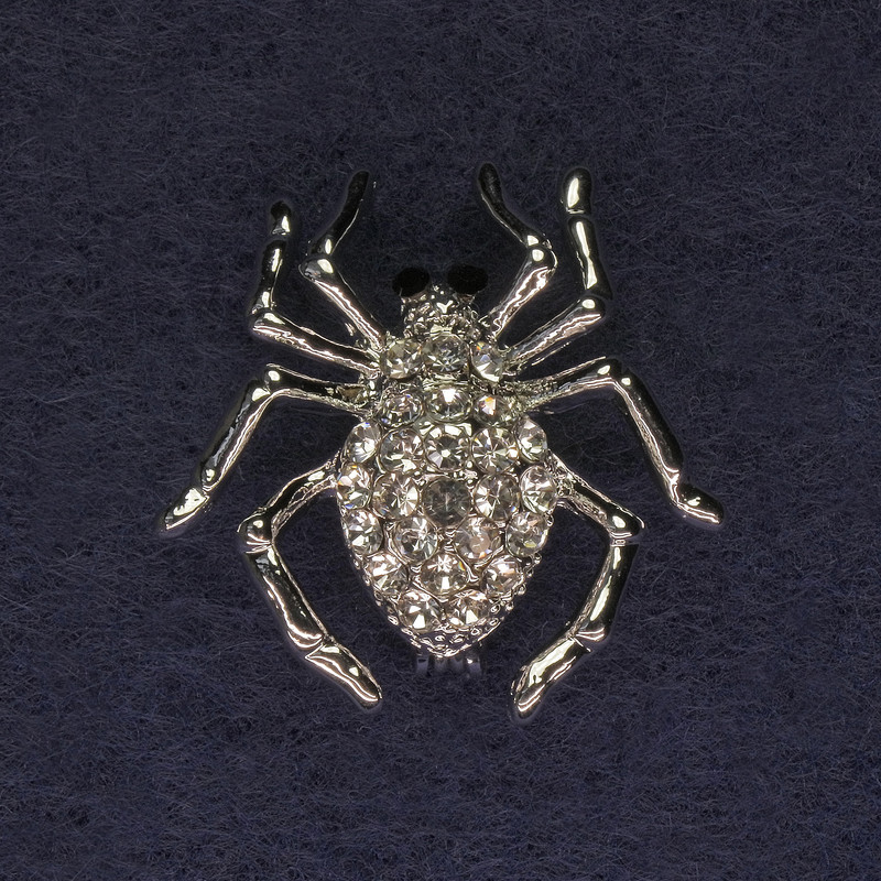 Spider Brooch with White Crystals, Silver-Toned Metal 29x29 mm+