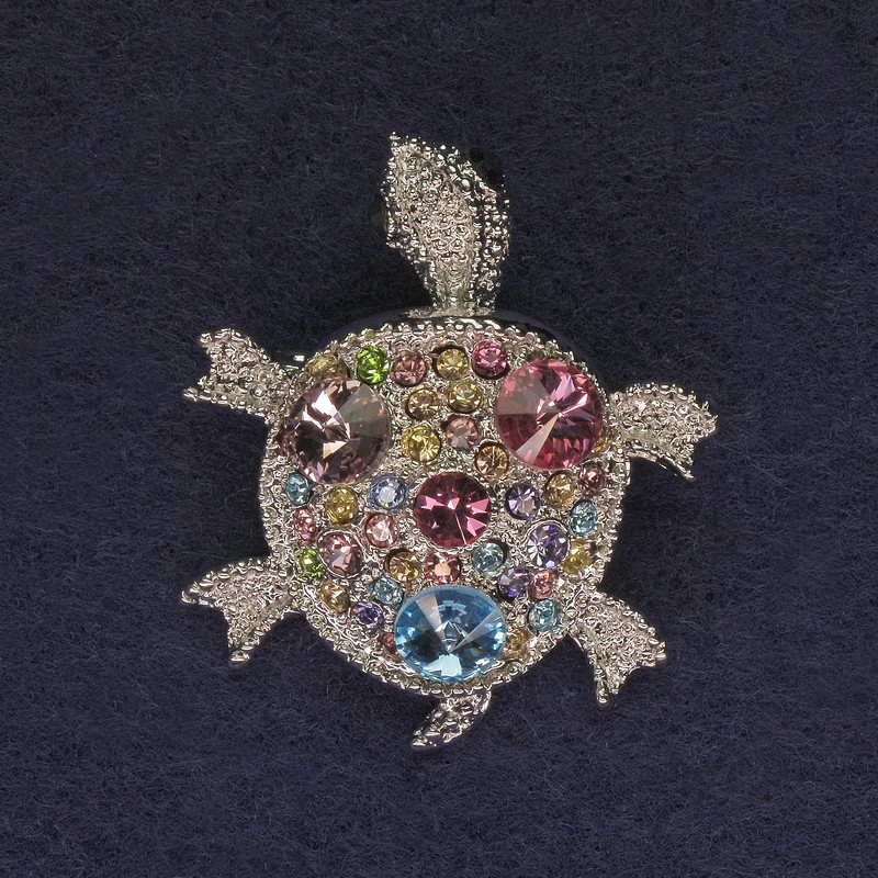 Turtle Brooch, silver color, multicolored rhinestones, silver-toned metal, 36x31 mm+