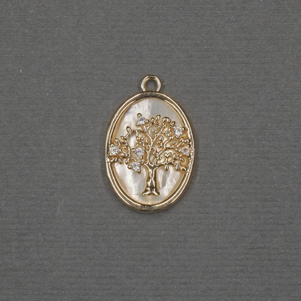 Tree Pendant with Mother-of-Pearl Inlay, 13×18×21×2 mm - Golden Metal