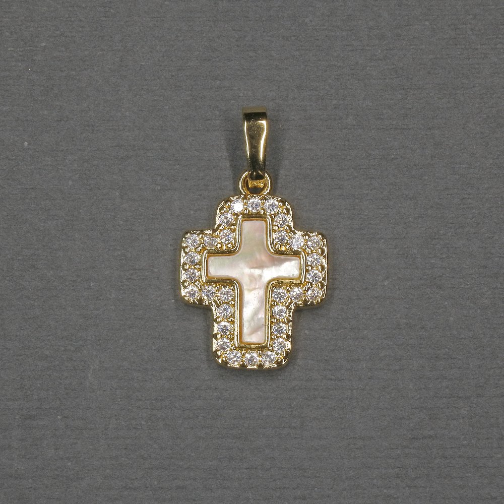 Cross pendant with mother-of-pearl inlay 13×15×18×2.5 mm - golden-toned metal