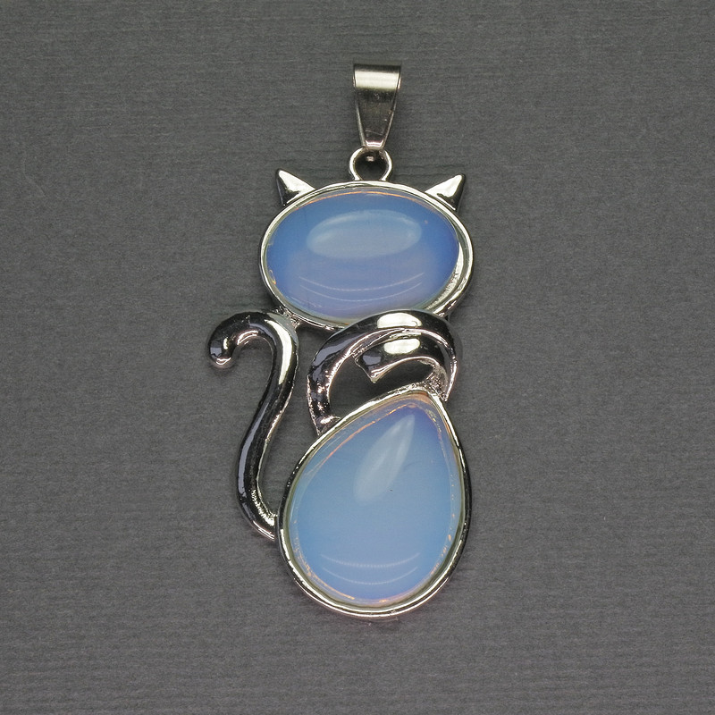 Cat Pendant with Moonstone 25x51mm - Silver-Toned Metal