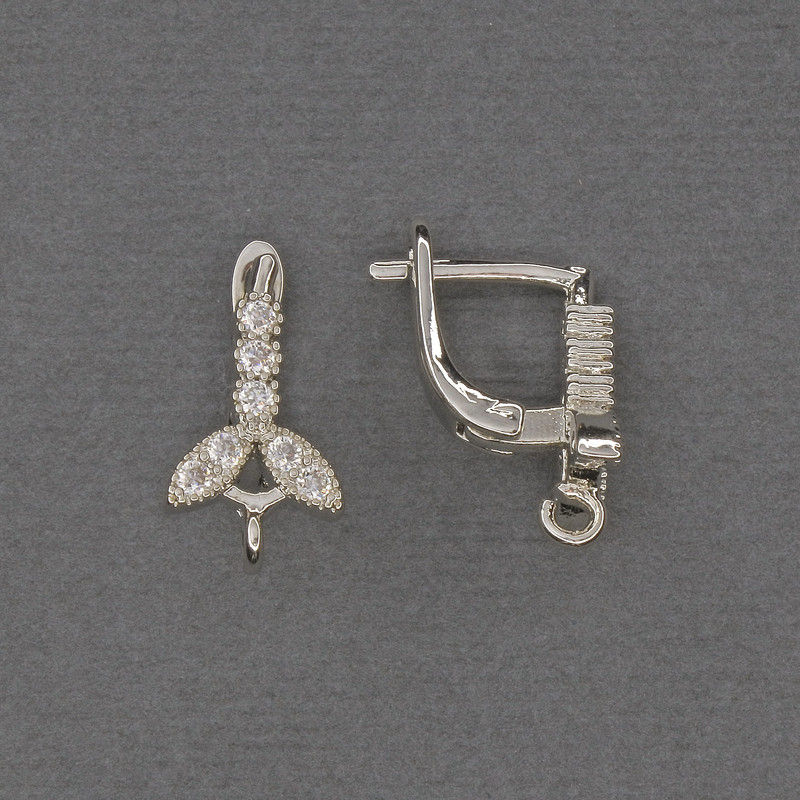 Ear wires for earrings with white rhinestones, silver-tone metal 16x3x9mm - pair