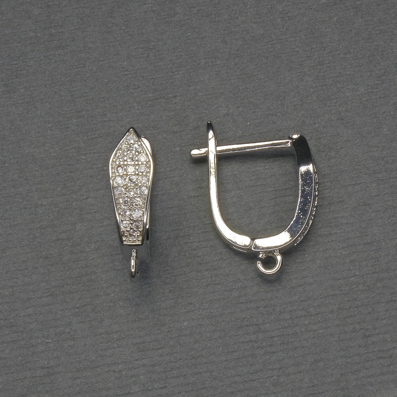 Silver-tone earring hooks with white rhinestones 16×5 mm - pair