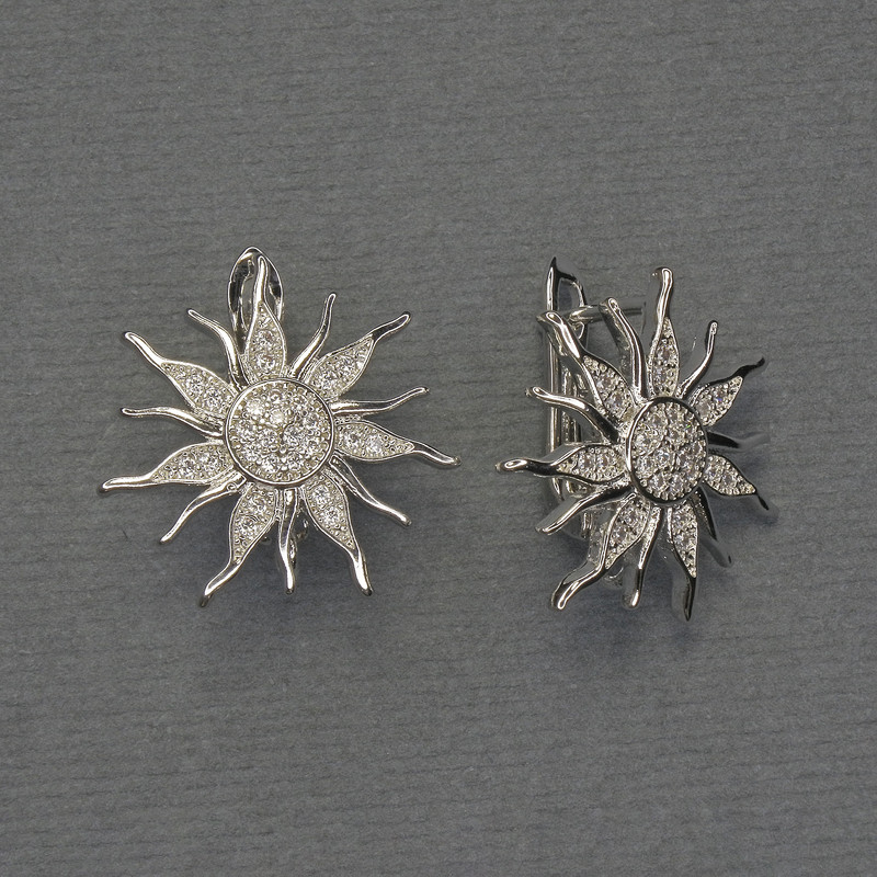 Ear wires for earrings with white rhinestones, silver-tone metal, 20mm diameter, pair