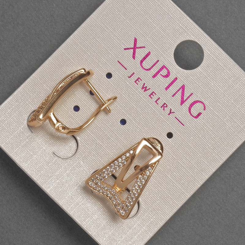 Earrings Xuping with White Crystals, 8–12 mm Diameter, 18 mm Length, 18K Gold Plating