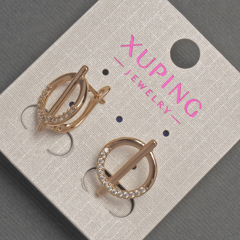 Xuping Earrings with White Rhinestones, 14 mm Diameter, 18 mm Length, 18K Gold Plating