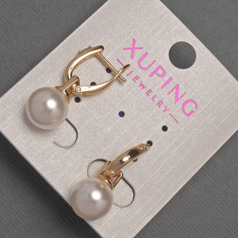 Xuping Earrings with White Crystals and Majorca Bead, 10 mm Diameter, 26 mm Length, 18K Gold Plating