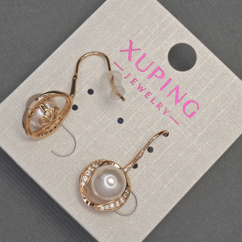 Xuping Earrings with White Crystals and Mallorca Pearl, 13 mm Diameter ±, 27 mm Length ±, 18K Gold Plating