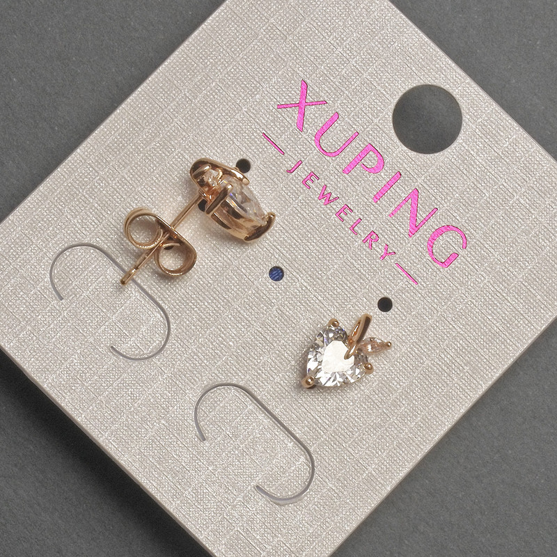 Xuping Heart-Shaped Stud Earrings with a White Crystal, 7×10 mm diameter, 18K Gold Plating