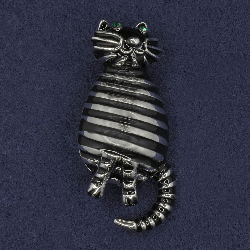 Cat Brooch with Green Crystals and Black Enamel