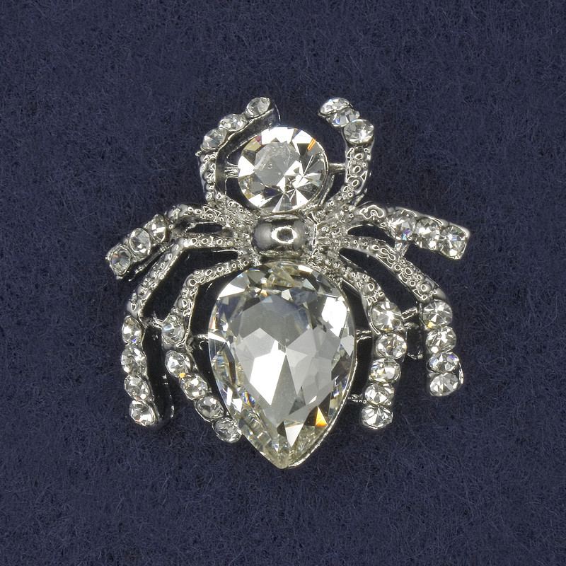 Spider Brooch with White Rhinestones, Silver-Colored Metal 26x26 mm+