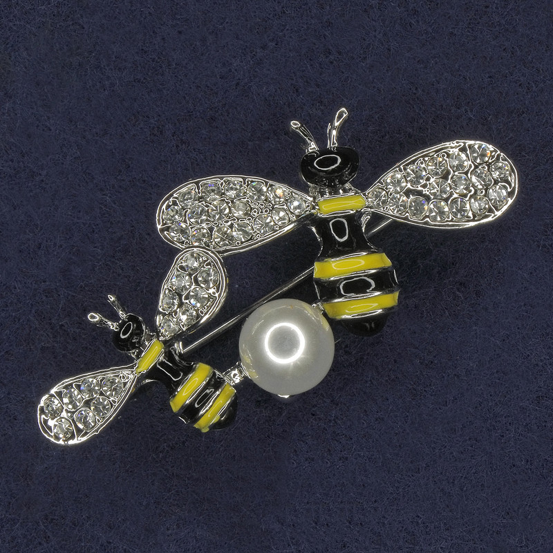 Bees Brooch: Yellow and Black Enamel, Pearl, White Crystals, Silver Metal 30x37mm+