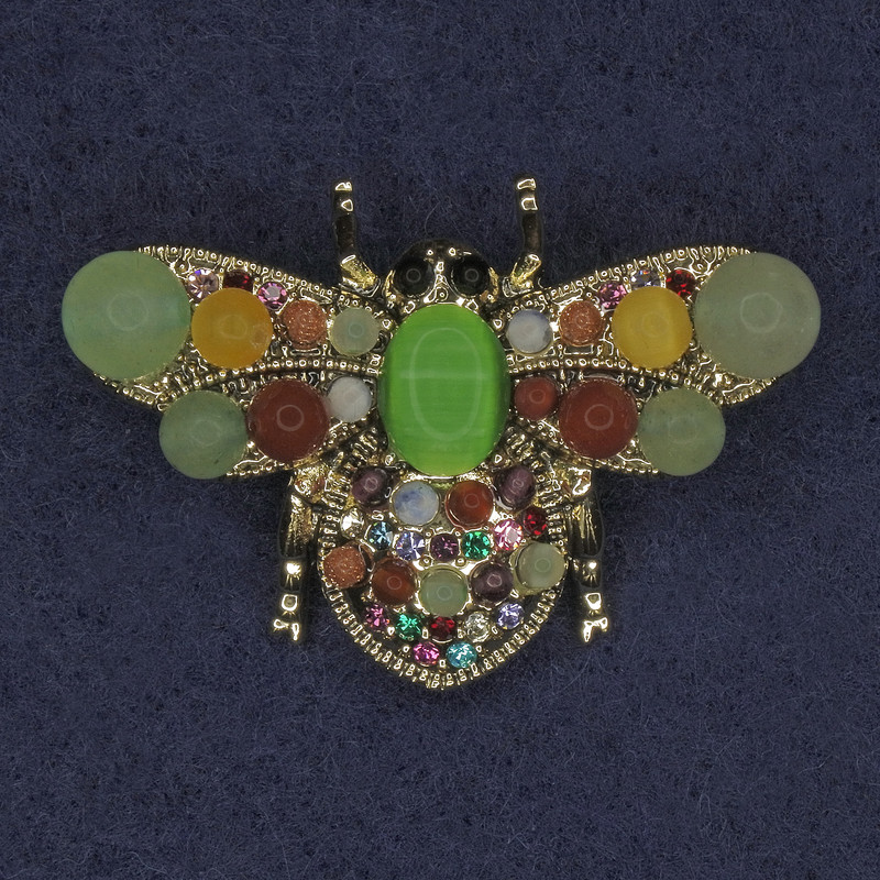 Bee Brooch with Assorted Stones and Crystals, Golden Metal, 28x40 mm+