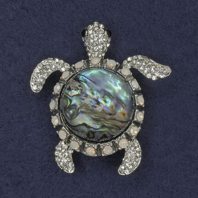 Brooch Pendant Turtle Haiotis with Crystals, Silver Metal 45x50mm+