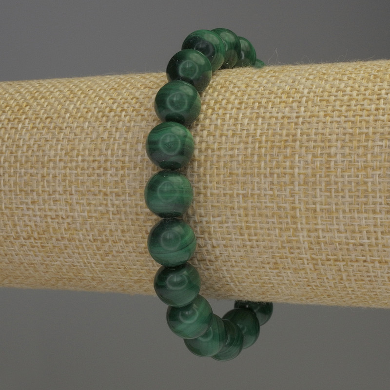 Malachite bracelet, natural stone, smooth bead, 10 mm diameter, 18 cm length