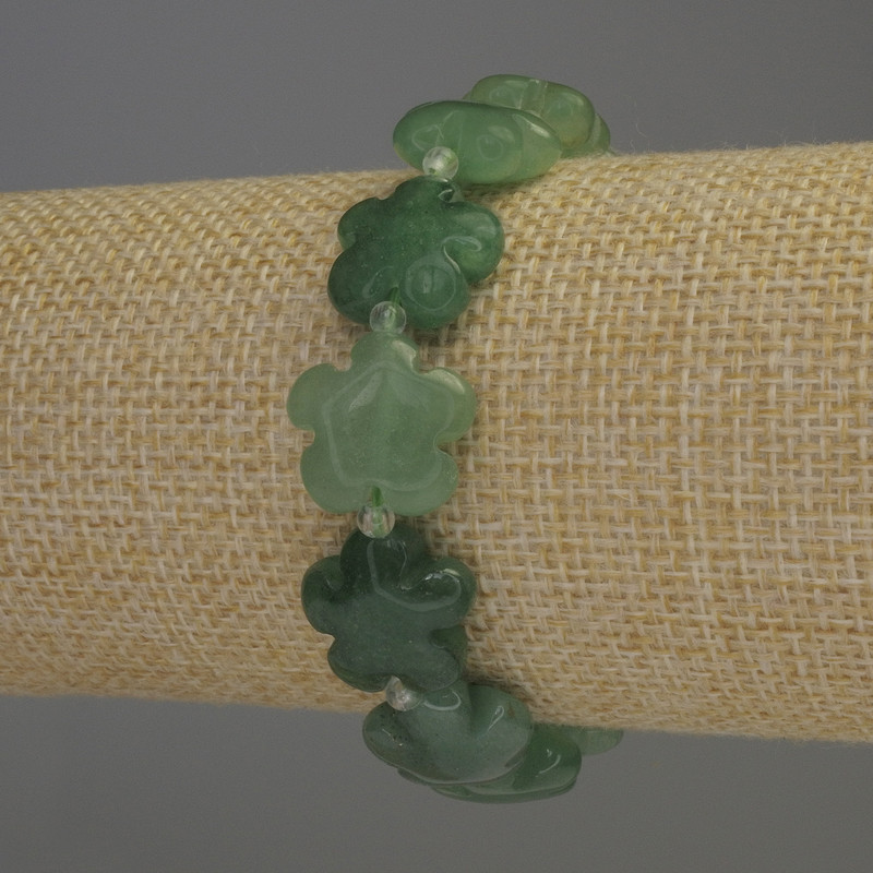 Nephrite Bracelet with Flower Design, Natural Stone, Stretch Base