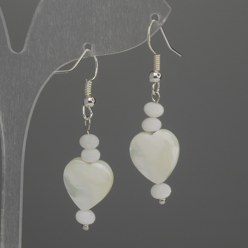 Сережки Перламурт серце 12мм+-рондель 5х3мм+-, довжина 45мм+