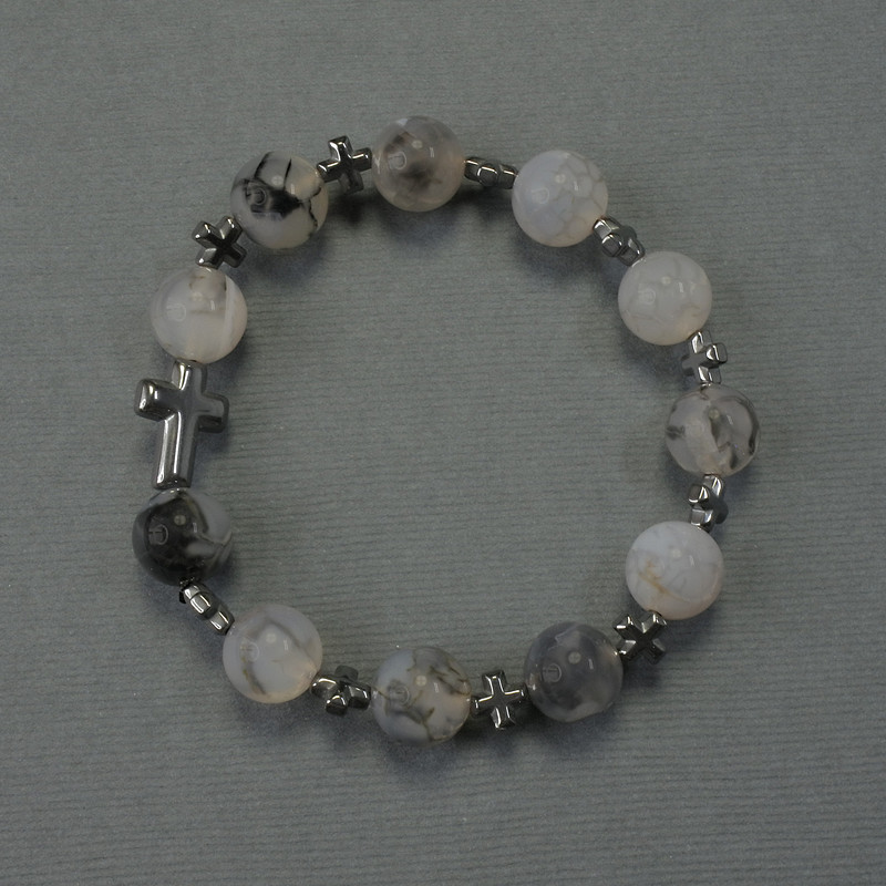 Bracelet 'Dragon Vein Agate' with 10mm beads, Hematite crosses 6x6mm and 14x10mm, 18 cm stretch