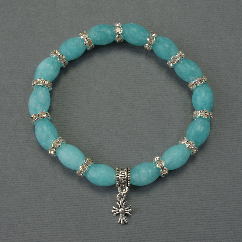 Aquamarine Bracelet with Grain Beads, 12×8 mm Diameter, +/- with Metal Inserts, Length 18 cm +/- Stretch