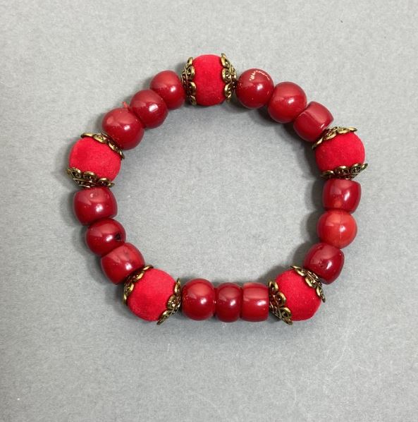 Coral Bracelet with Faceted Beads 9x10mm ± Rowan Berry Bead 12mm ± with Metal Accents, Length 18cm ± Stretch