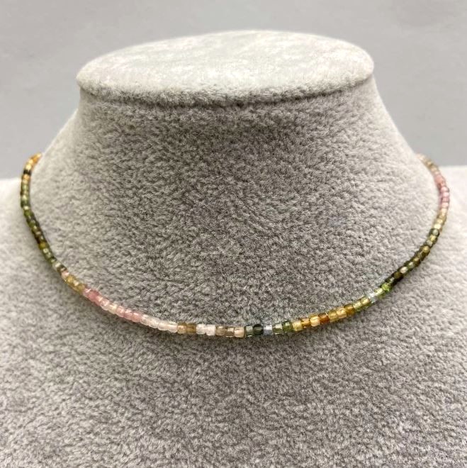 Tourmaline Necklace with Faceted 2 mm Cube, length 42–47 cm, with clasp and extender chain