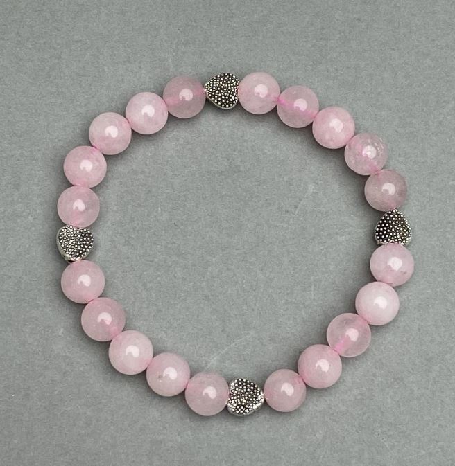 Pink Quartz Bracelet with Smooth Beads, 8 mm Diameter, with Metal Accents, 18 cm Length, Stretch