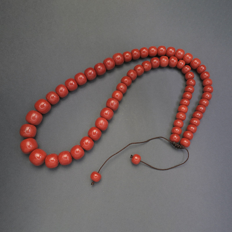 Coral Necklace (Artificial) Smooth Rondels, 10-16 mm Diameter, Tapering Toward Center, Length 66 cm +/- Adjustable Drawstring