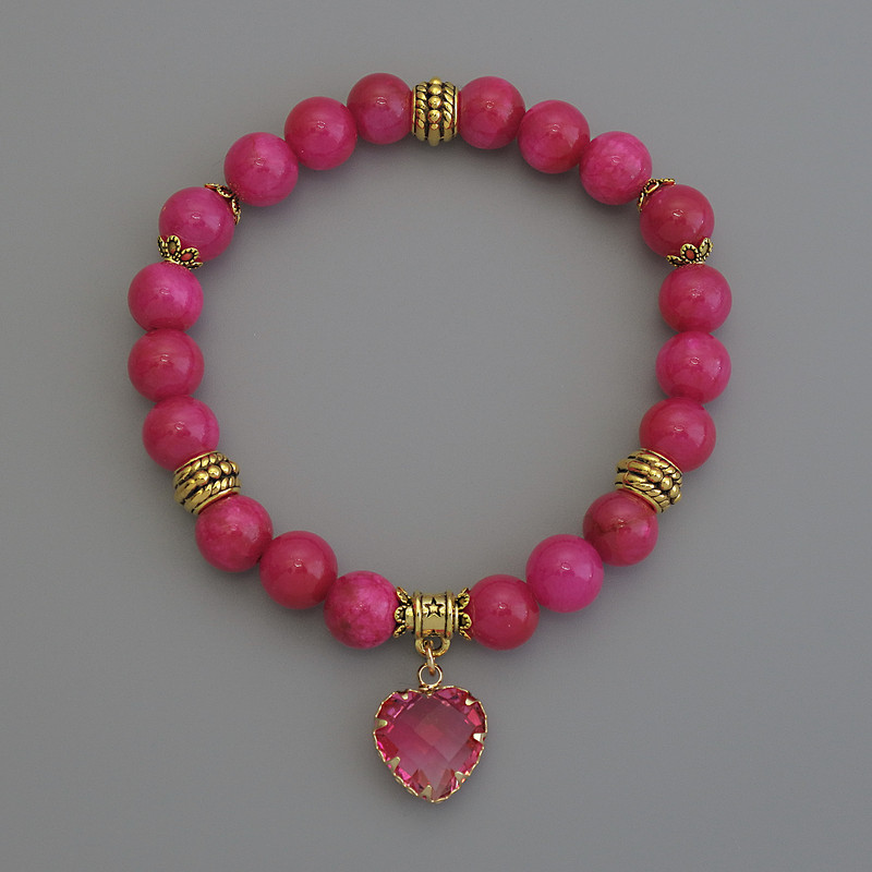 Raspberry acrylic bracelet with smooth beads, 8 mm diameter ±, with pendant, length 18 cm+
