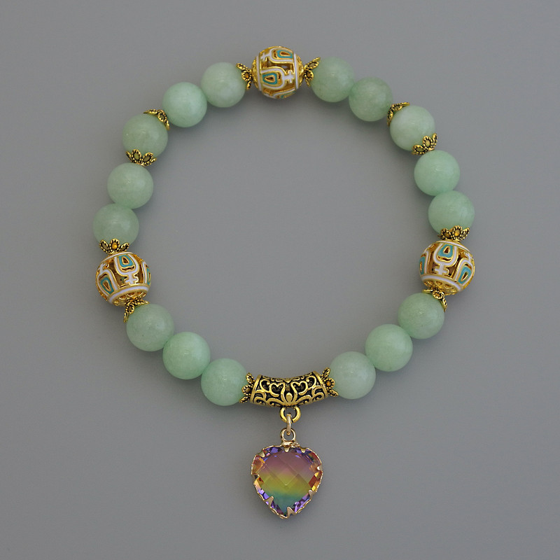 Amazonite Bracelet with smooth 8mm beads, Cloisonné 10mm, with metal inserts, length 18 cm, elastic