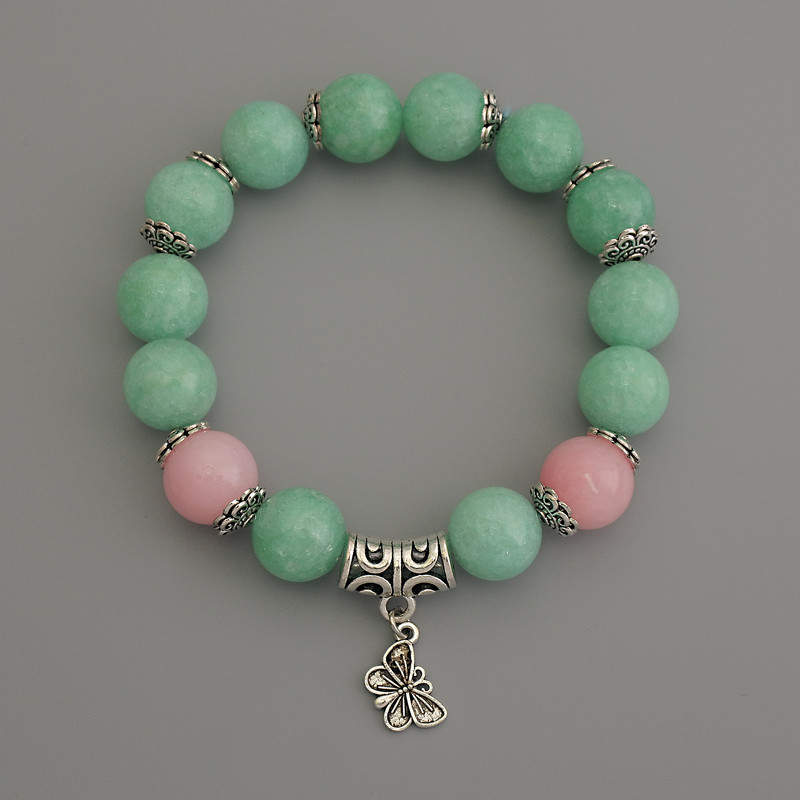 Jadeite Bracelet with Smooth 12mm Beads and Rose Quartz Beads, with Metal Inlays, 18 cm Elastic