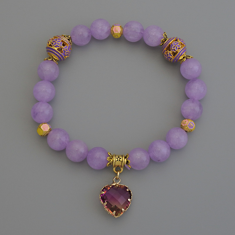 Bracelet with Lavender Amethyst, Smooth Beads, 8 mm Diameter ± Cloisonné 10 mm ± 5.5 mm Pendant, Length 18 cm ± Stretch