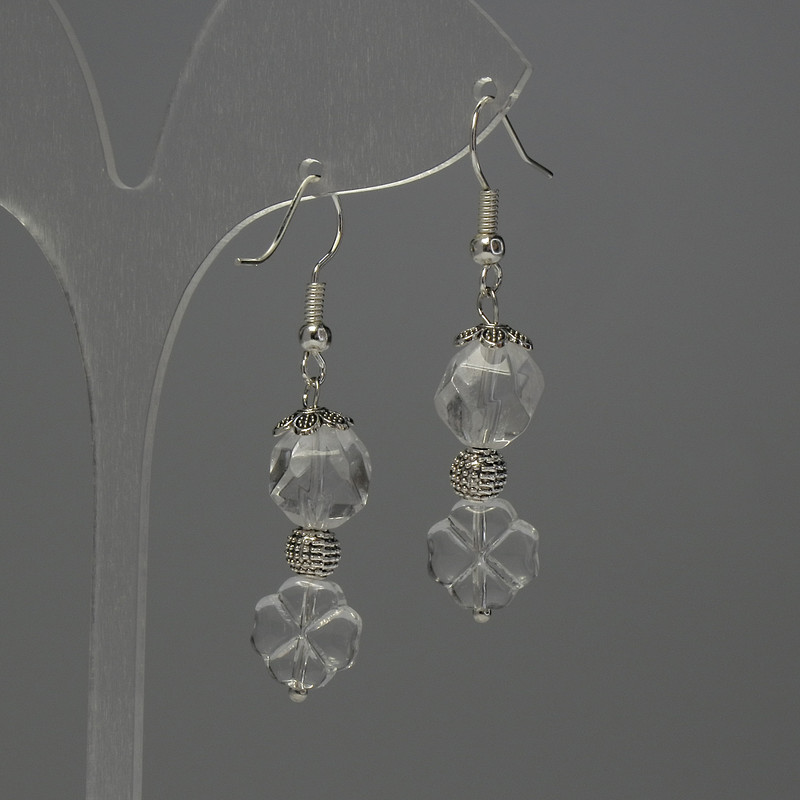 Rock Crystal Earrings — Faceted, 10x8 mm diameter, Shamrock pendant 10 mm, 44 mm length
