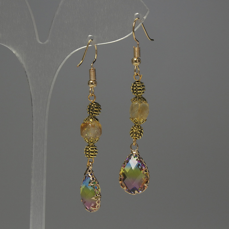 Citrine Earrings - Faceted Cube, diameter 7 mm ±, crystal in bezel setting 14x10 mm ±, length 58 mm ±