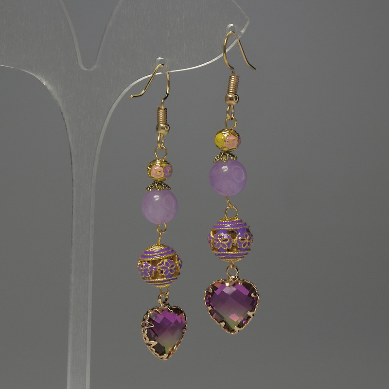 Earrings Lavender Amethyst Bead, 8 mm Diameter ± Cloisonné 10 mm ± Crystal in Bezel 12 mm ±, Length 65 mm ±