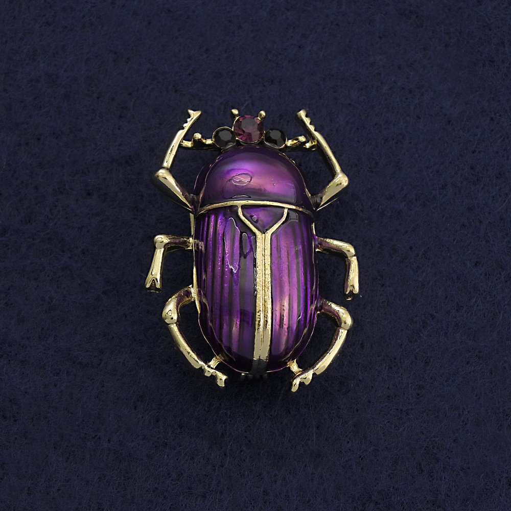 Scarab Beetle Brooch with Purple Enamel and Gold-Tone Metal, 24x33 mm