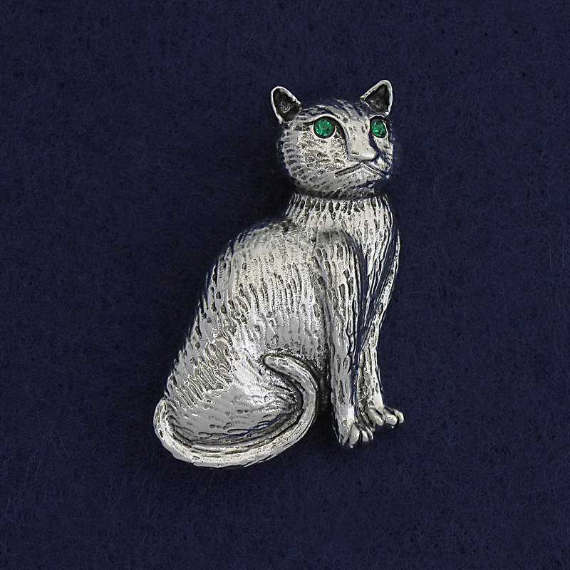 Cat Brooch-Pendant with Green Crystals