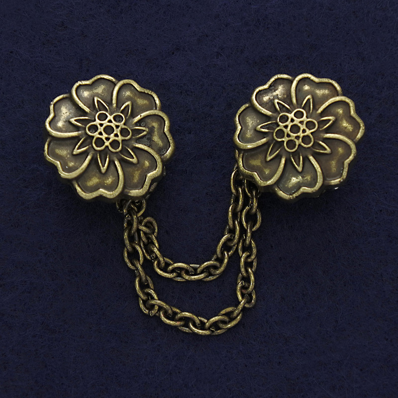 Брошка для кардиганів колір бронза, діаметр 21мм+- ланцюжок, довжина 9см+