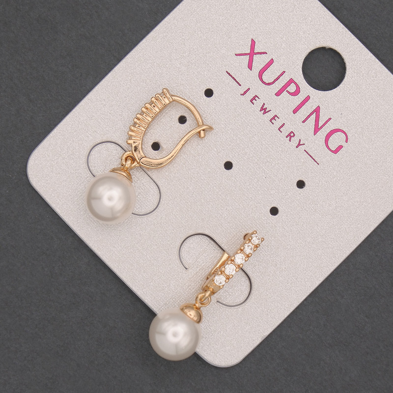 Xuping Earrings with White Crystals and Majorca Pearl, Diameter 8 mm±, Length 23 mm±, 18K Gold Plating