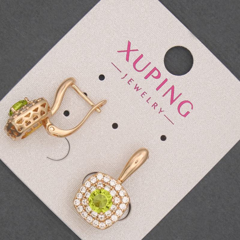 Xuping Earrings with White Rhinestones and Olive-Green Crystal, 12mm Diameter ±, 20mm Length ±, 18K Gold Plating
