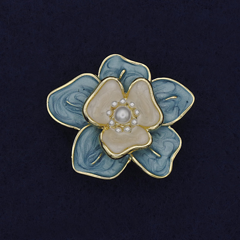 Flower Brooch with White-Blue Enamel and Pearls, 33mm +/- Gold-Tone Metal