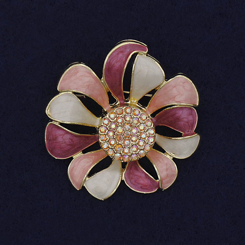 Pendant-Brooch 'Flower' White and Pink Enamel with Crystals, 37 mm ± Gold-Tone Metal