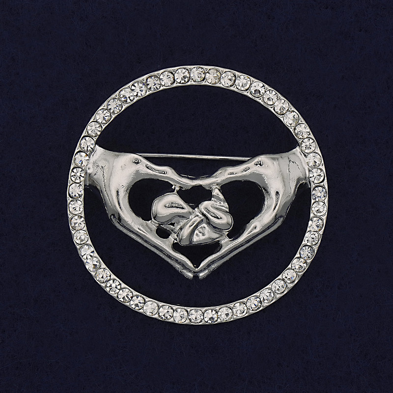 Heart Brooch with White Crystals, Silver Metal, 38mm+