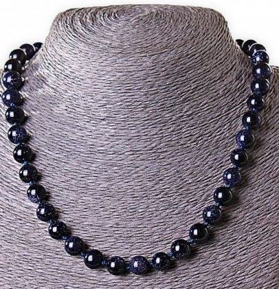 Aventurine Necklace (Synthetic) Blue Sand Night of Cairo, 12mm smooth round beads, length approx 45 cm